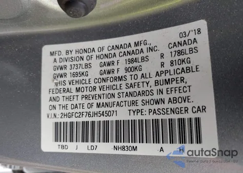 2018 Honda Civic Ex from USA, damaged, VIN 2HGFC2F76JH545071